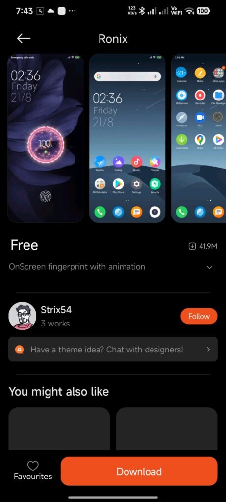 Themes app listing showing the preview images, Free label and designer Strix54.