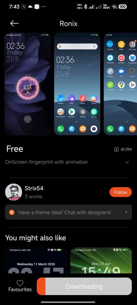 Themes app listing preview with a purple lock screen, charging graphic and home-screen icons.