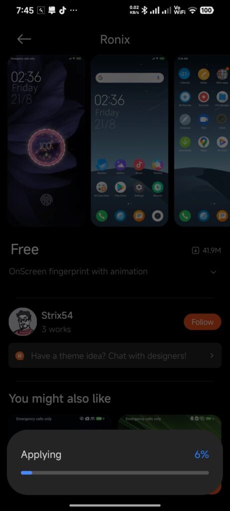 Themes app preview showing lock-screen and home-screen designs, Free status and designer Strix54.